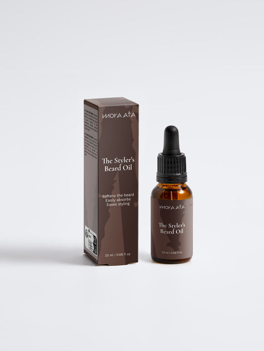 Mora Ata The Styler's Beard Oil bottle and packaging on a white background