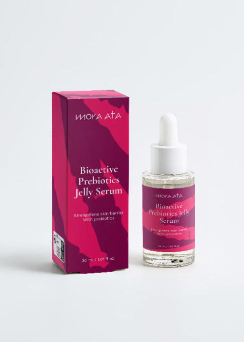 Mora Ata Bioactive Prebiotics Jelly Serum packaging with pink box and bottle on a white background