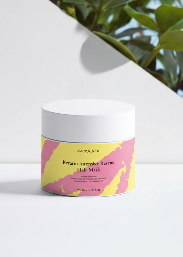 Keratin Intensive Rescue Hair Mask container with a colorful label on a white background